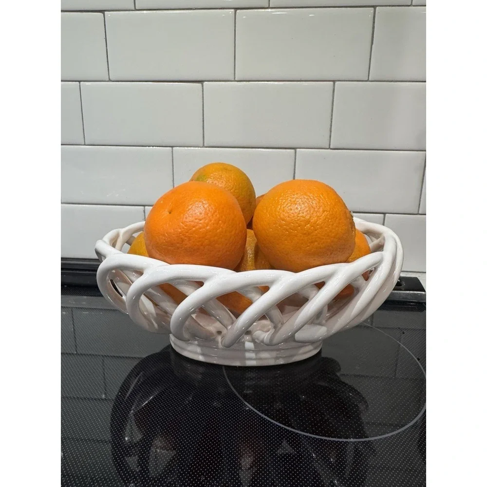 Vintage White Oval Woven Latticed Ceramic Fruit Basket 9inch Long.